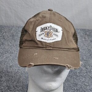 Lucky Duck Trucker Hat Brown Distressed Patch Hunting Outdoor Workwear Rural Cap